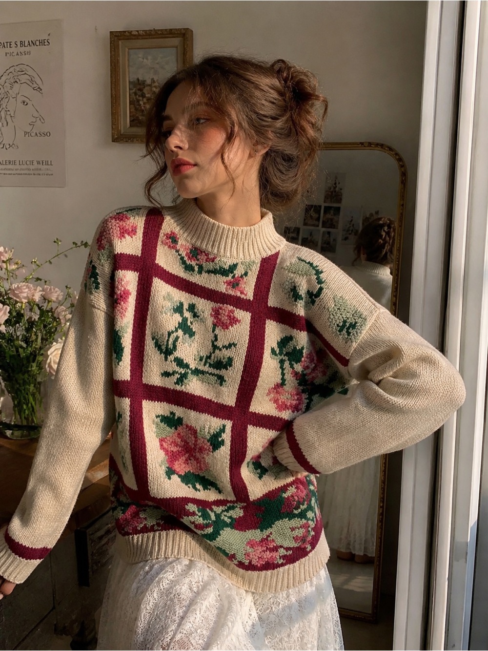 Jamie Scott Floral Patchwork Sweater Size S Cottagecore Knit Cozy Cream Pink